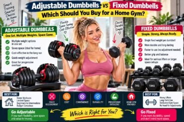 A pair of adjustable dumbbells and fixed dumbbells side by side on a gym floor