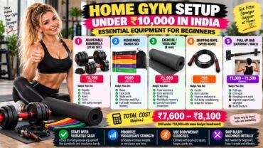 Compact home gym setup India with dumbbells, yoga mat, and resistance bands on floor