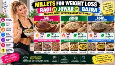 Three bowls containing ragi, jowar, and bajra millets for weight loss on a wooden table
