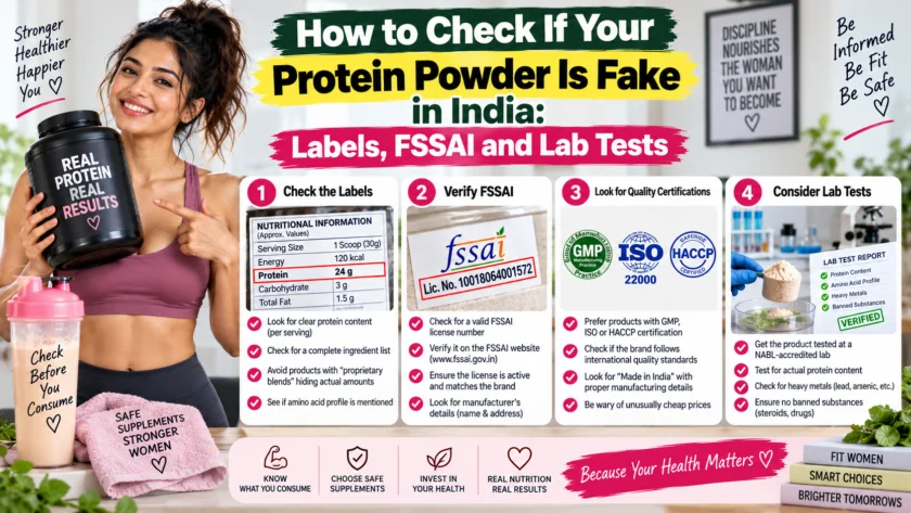A person examining protein powder labels and checking FSSAI certification on packaging