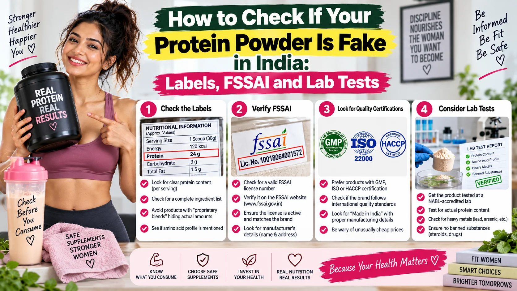 A person examining protein powder labels and checking FSSAI certification on packaging