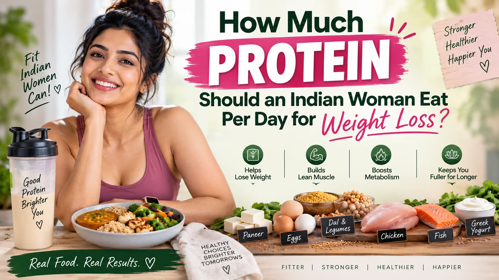 A woman measuring protein intake for women per day with healthy Indian foods on a table