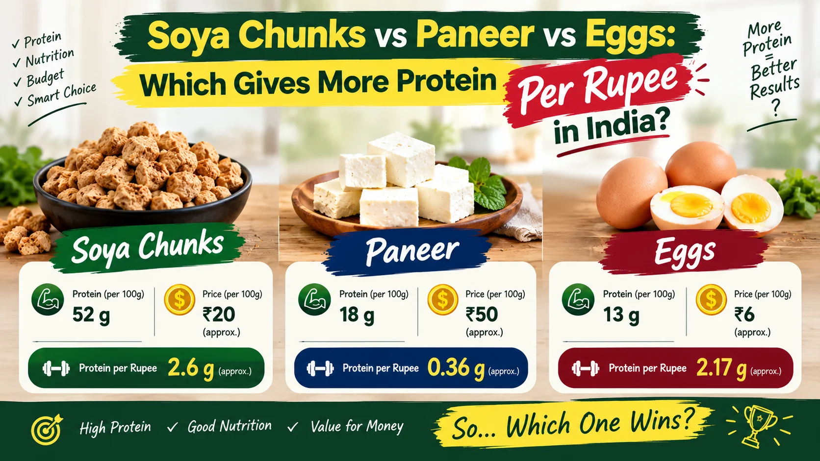 Soya chunks, paneer, and eggs arranged on a wooden table comparing protein sources in India
