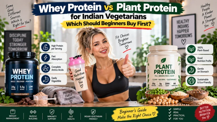 Two protein powder containers labeled whey protein and plant protein on a kitchen counter