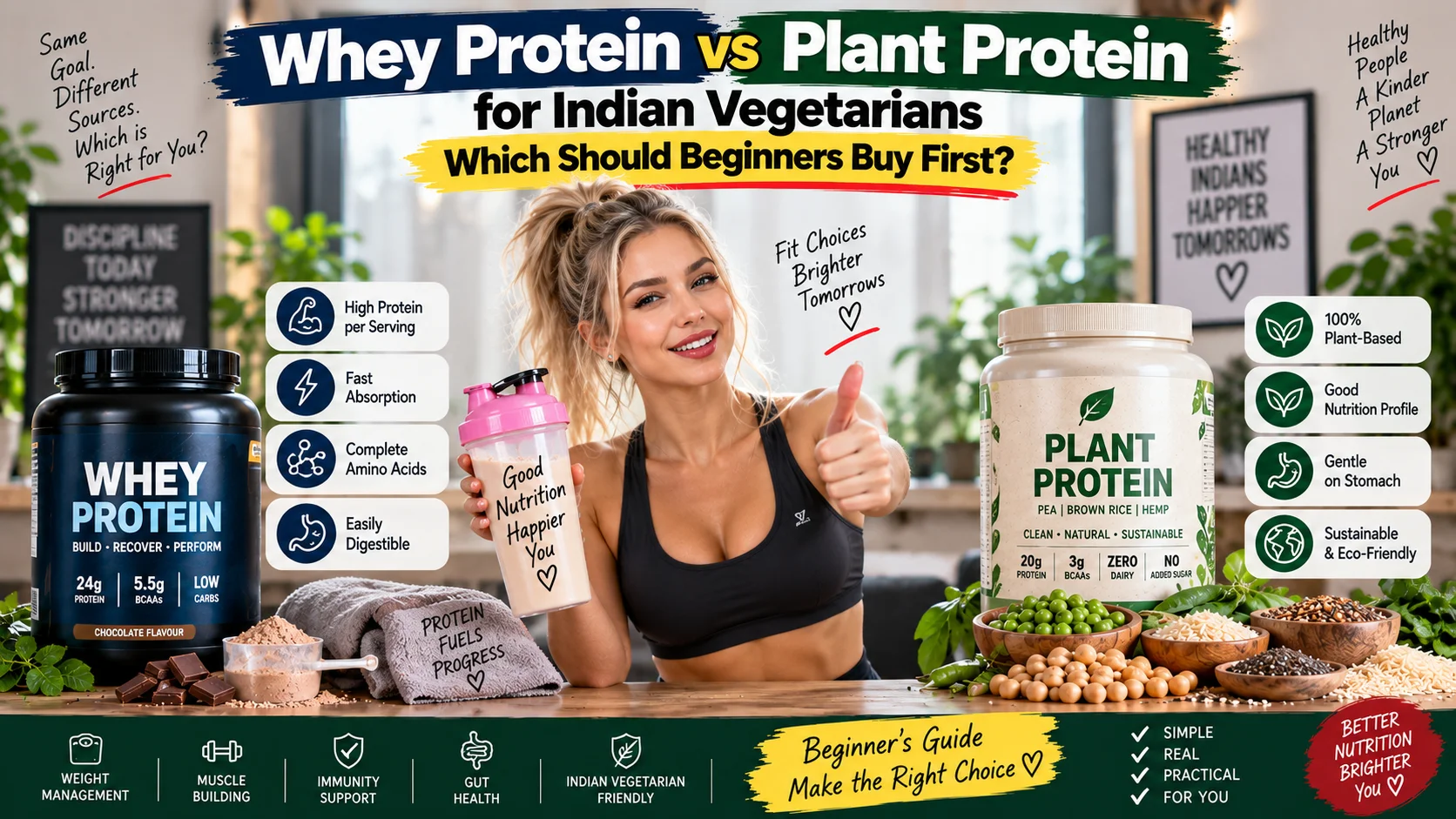 Two protein powder containers labeled whey protein and plant protein on a kitchen counter